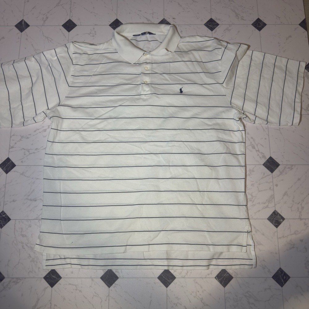 Polo Golf Ralph Lauren Striped Polo Shirt Mens XL White Navy Pima Cotton Pony